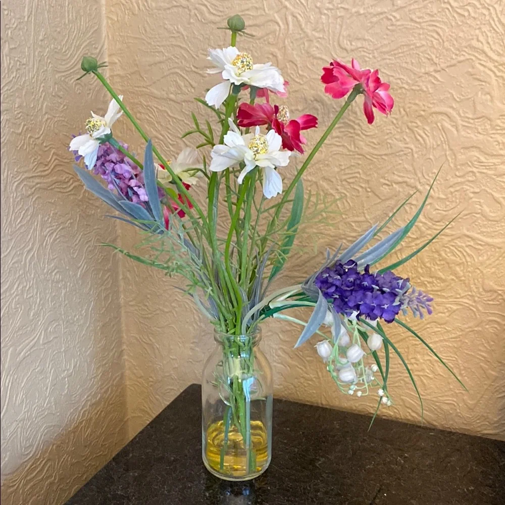 Floral Arrangement in Glass Vase 12” tall.